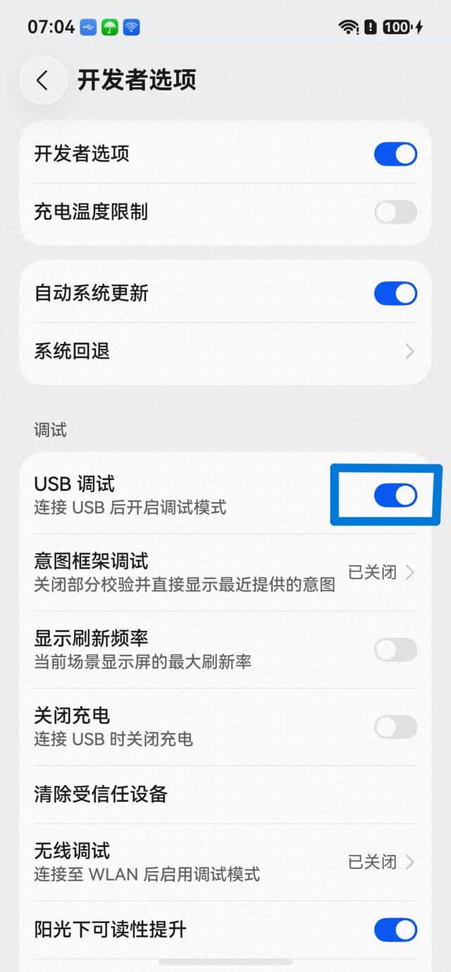 打开“USB 调试”
